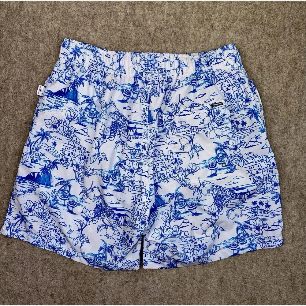 Vintage Summer Men’s Size Medium Swim Trunks Pockets Liner White/Blue Graphic
